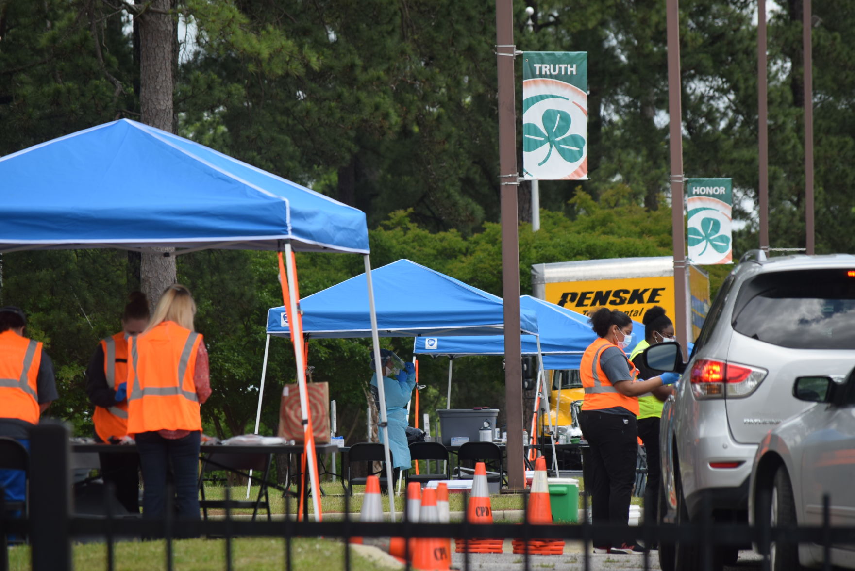 Tents are set up for the Free Coronavirus testing at Eau Claire High School